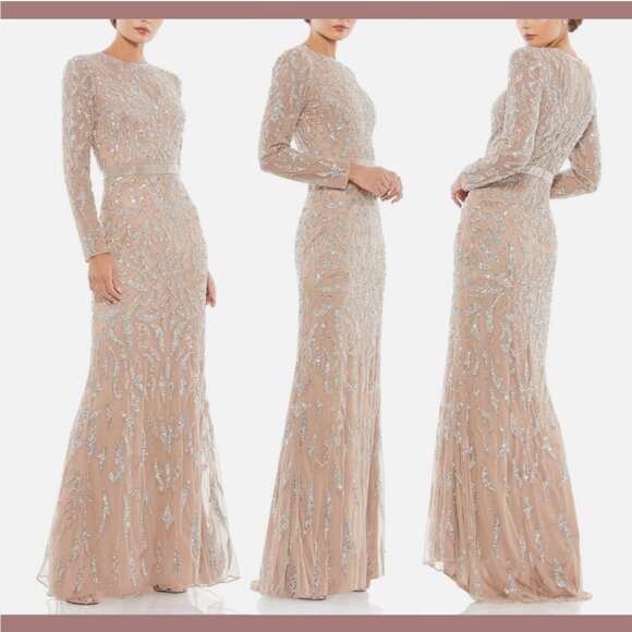 NWT $598 Mac Duggal [ 10 ] Beaded Long Sleeve Evening Gown in Mocha‎ #Q755 - Picture 2 of 15